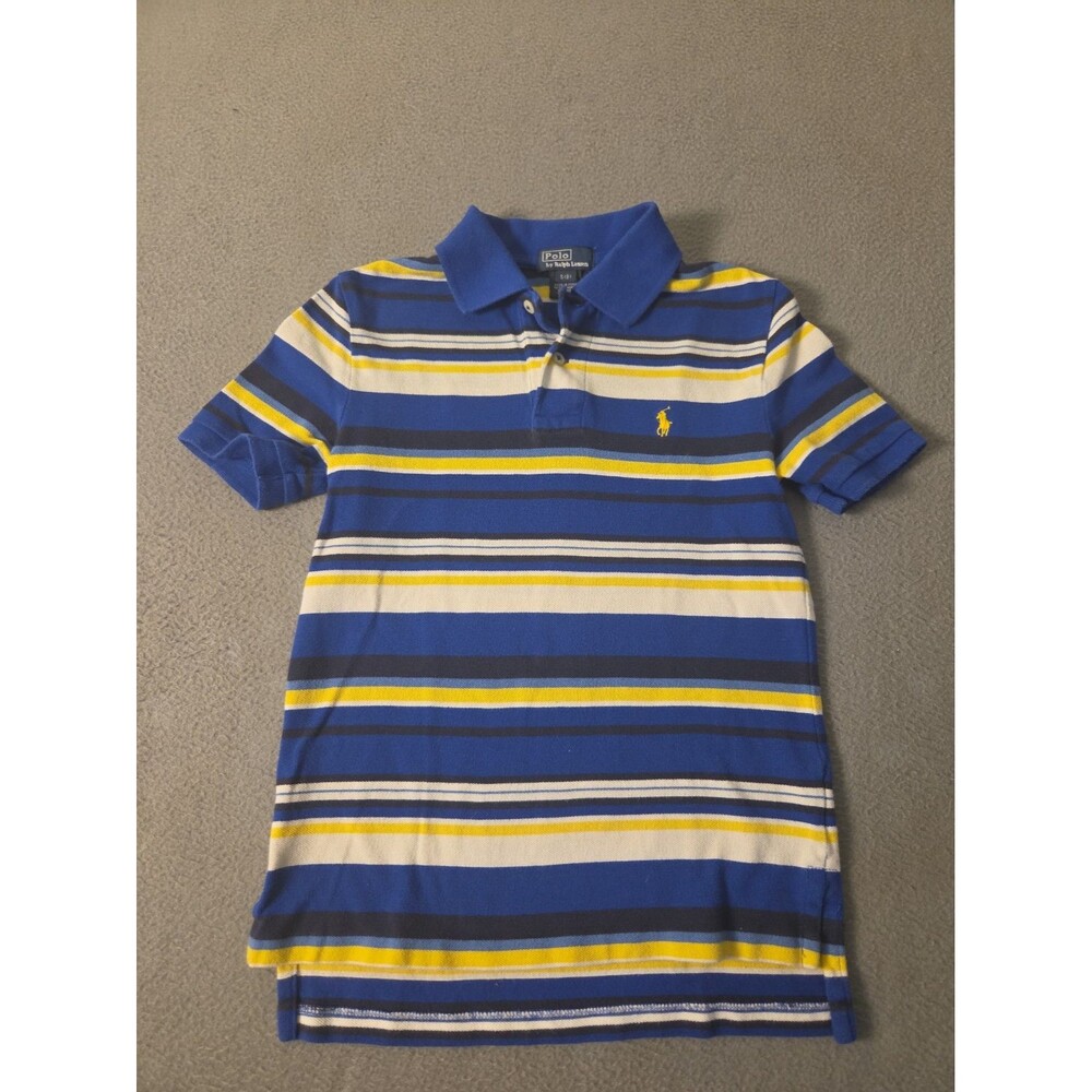 Vintage Polo Ralph Lauren Blue Yellow Striped Polo Shirt Short Sleeve Boys S 8